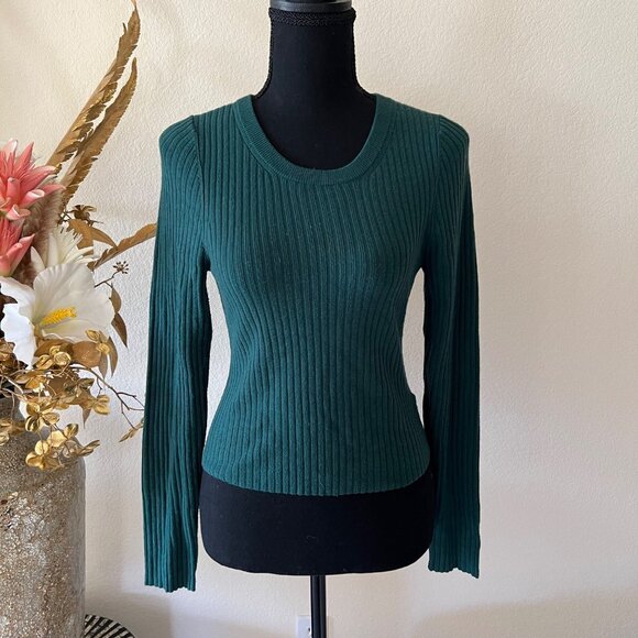Express Tops - Express Emerald Green Round Neck Ribbed Stretch Long Sleeve Minimalist Top M